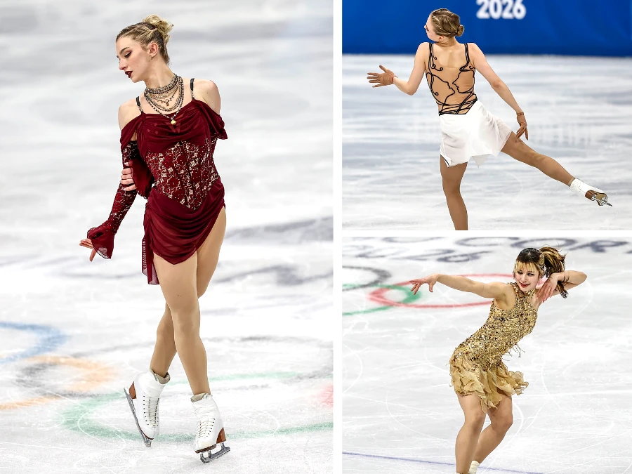 Amber Glenn, Anastasiia Gubanova, and Alysa Liu in their competition costumes during the 2025–26 figure skating season.