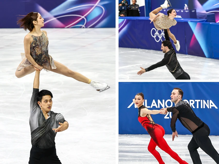Riku Miura/Ryuichi Kihara (JPN), Deanna Stellato-Dudek/Maxime Deschamps (CAN), and Anastasiia Metelkina/Luka Berulava (GEO) in their competition costumes during the 2025–26 figure skating season.